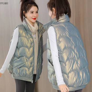 קוריאני מזדמן חם סלים אפודות לבן Windproof באגי הז ' קט חורף לנשים מבריק עבה כותנה מרופד צים